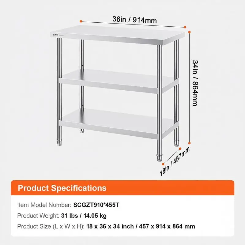 Metal Workstation 18 X 36 X 34 Inch for Commercial Kitchen BBQ Garage, 2 Adjustable Undershelves Heavy Duty Preparation Surface Garage Organization Warehouse Equipment Utility Table view 7