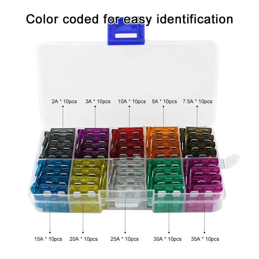 50/100Pcs Profile Medium Size Blade Type Car Fuse Assortment 2.5 3 5 7.5 10 15 20 25 30 35A Fuse Set Auto Car Truck