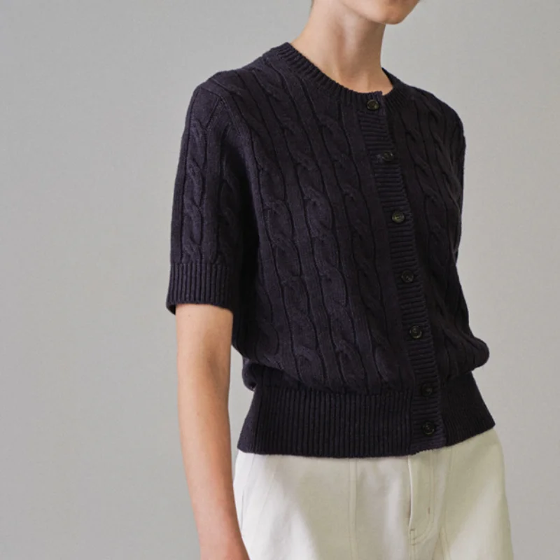 Summer New Twist Woven Cardigan Short Sleeve Knitted Top Female Linen Cotton Knitted Cardigan