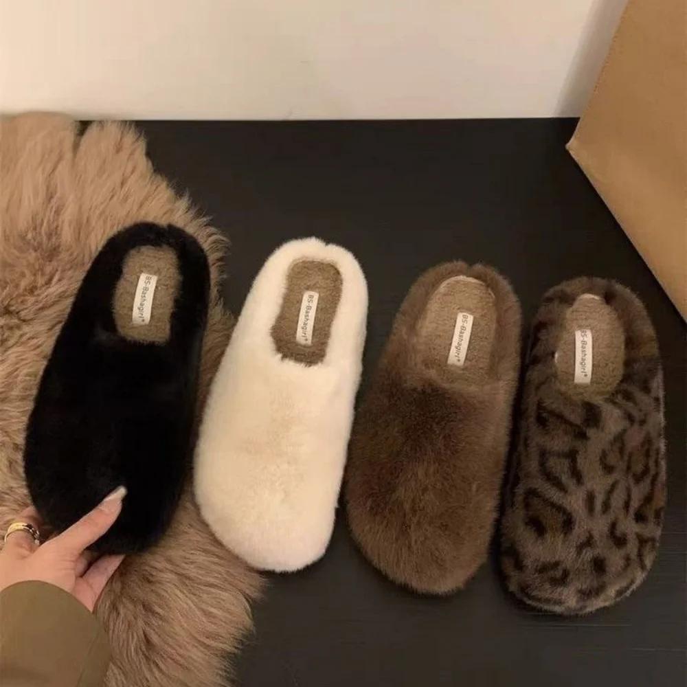 Y2K Leopard Women Flats Slippers Fur Mules Shoes Casual 2025 Fashion Slingback Short Plush Sneakers Woman Flip Flops Cozy Slides
