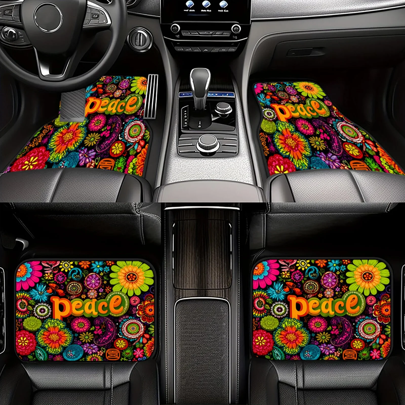 2pcs 4pcs Universal Car Floor Mats, Vibrant Peace Sign And Colorful Floral Pattern Print, Retro Hippie Style Auto Interior Decor