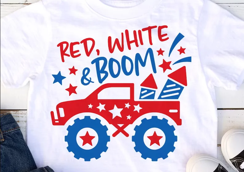 

4TH of July Truck Independence Day, Red White and Boom, Kid, Boy Truck with Fireworks, Shirt Design Short Sleeve Top Tees O Neck