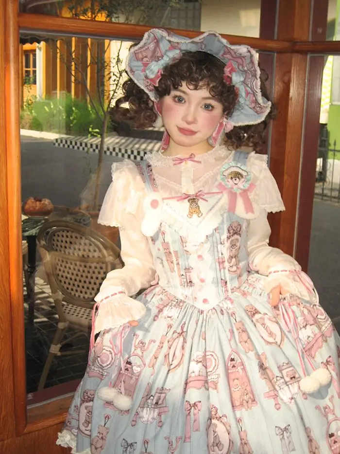 

SOIOMES Рубашка с длинными рукавами в стиле Лолиты, воротником-стойкой в виде плюшевого мишки в стиле Лолиты и V-образной рубашкой из тканой пряжи с рюшами по краям