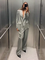 TRAF-2024 Women's Metallic Long Sleeve Lapel Casual Suit + High Waist Straight Pants New Summer Commuting Suit Set