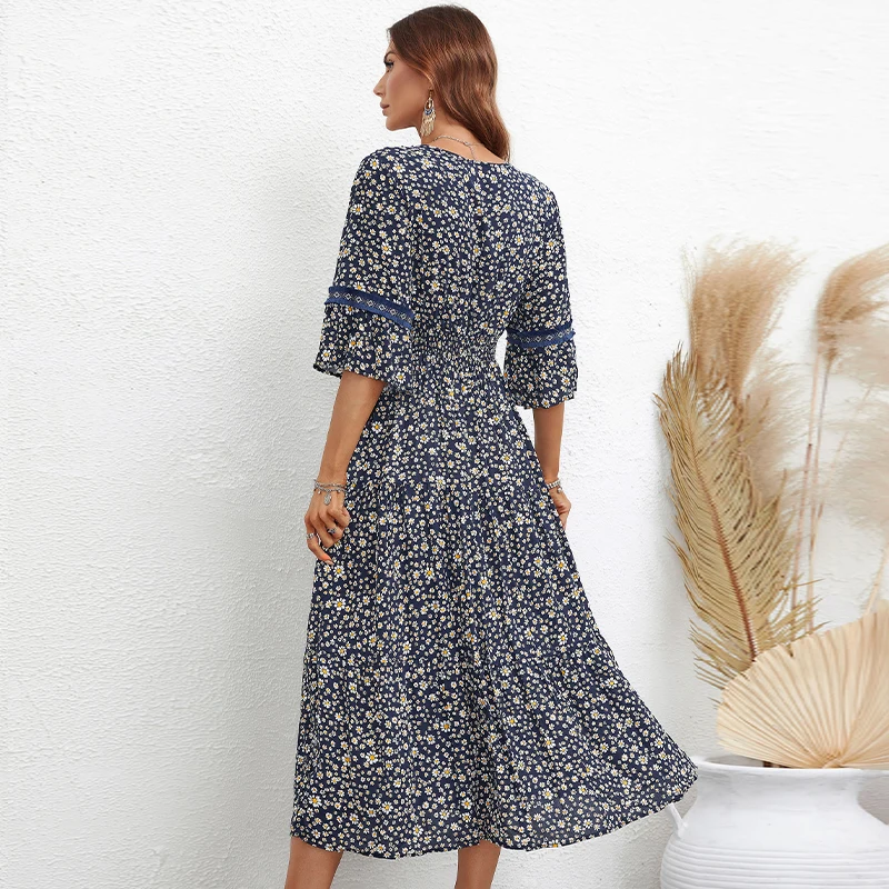 KEBY ZJ Summer Floral Print Dress Women V Neck Long Dress Elegant Short Sleeve Slim Spring Casual Female Party Dresses Vestidos