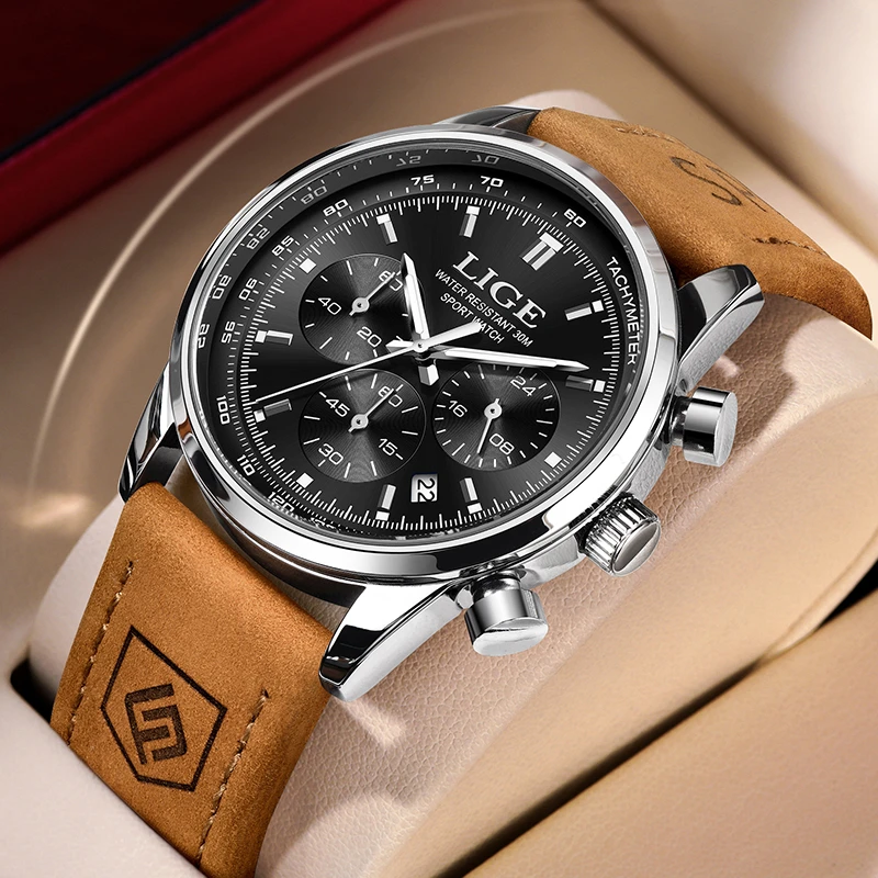 

LIGE Quartz Watch Man Top Brand Luxury Sport Waterproof Chronograph Date Clock Gift Male Leather Wristwatch Business Men Watches