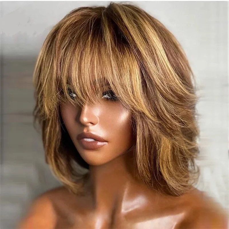 

Highlight Short Bob Wigs with Bangs 13x4 Lace Front Human Hair for Woman Glueless Pre-plucked Natural Straight Lace Wig