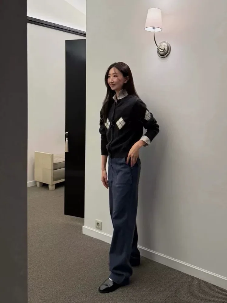 

Женский открытый кардиган в стиле ретро, вязаный свободный длинный шерстяной свитер свека с ромбовидным узором, утягивающий винтажный студенческий сле