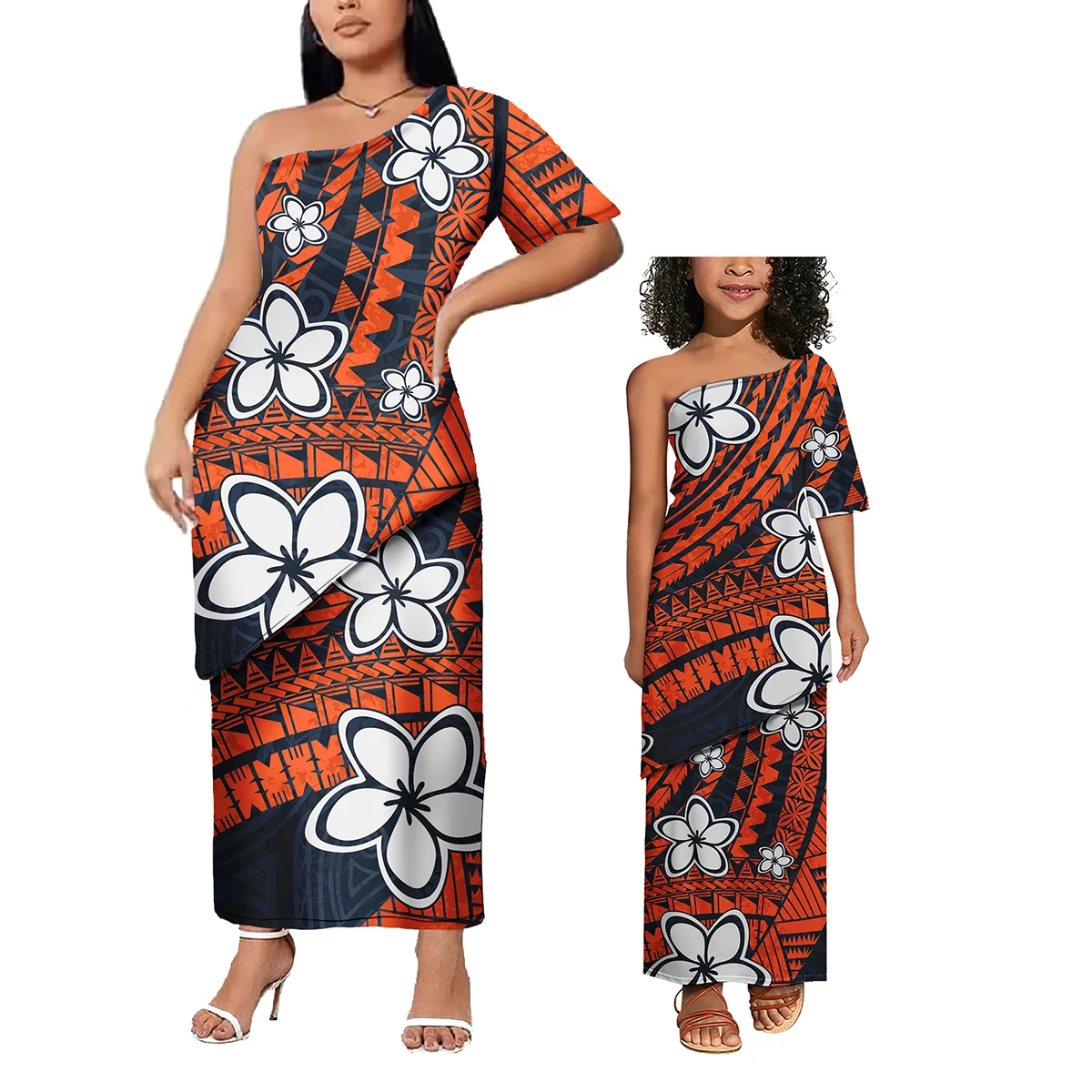 Low Price Wholesale Custom Polynesian Design Family Matching Clothing Two Piece Sets Samoan Puletasi Mommy And Me Dress