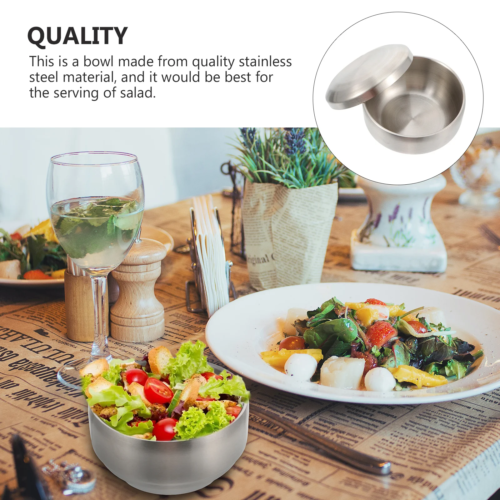 

Double Layer Stainless Steel Salad Bowl With Cover Heat Insulation Soup Dessert Fruit Bowl Anti-Scald Practical Food Container