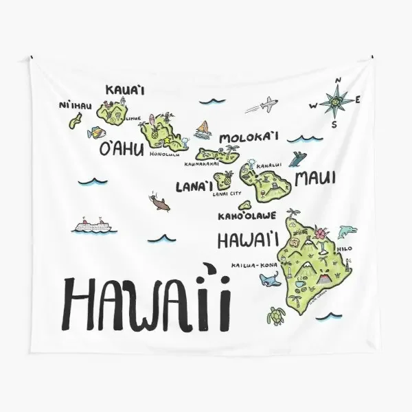 Hawaii Illustrated Map Full Color  Tapestry Wall Bedspread Art Decor Blanket Beautiful Bedroom Towel Colored Room Yoga Living