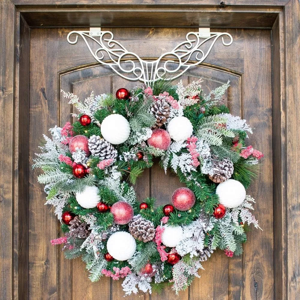 [30 Inch Artificial Christmas Wreath] -  Red White Decoration - Pre Lit with 50 Candy Cane Colored LED Mini Lights