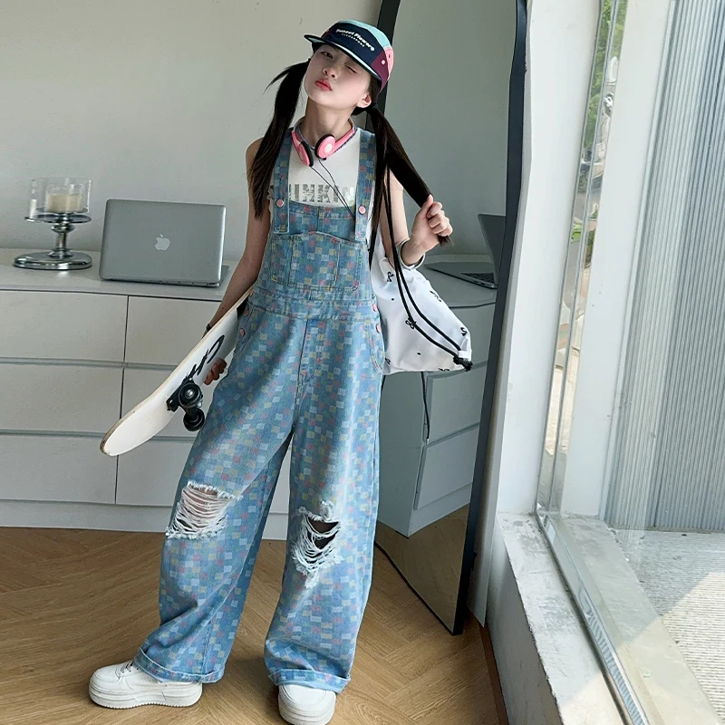 Child Plaid Strap Bib Jeans Jumpsuit for Teenage Girl Fashion Ripped Denim Suspender Overalls Kids Stylish Dungarees With Holes