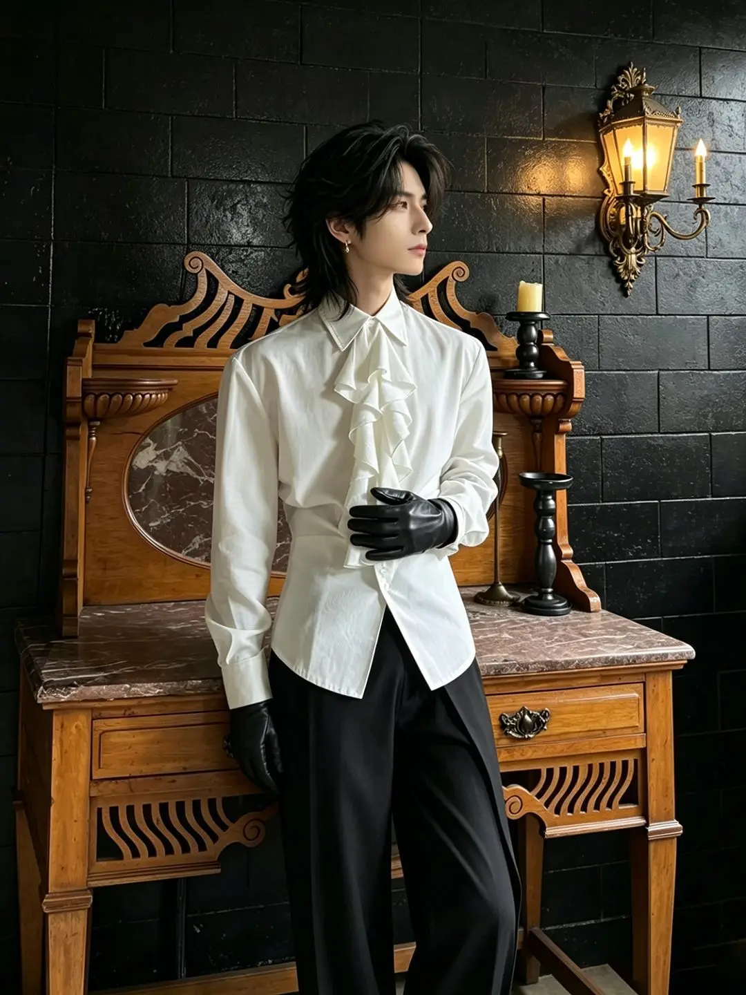 British Court Style Lotus Leaf Edge Shirt Fashion Elegant Vintage Solid Color Wedding Men's Detachable Collar Long Sleeved Shirt
