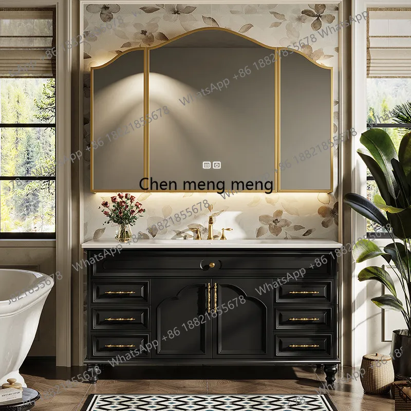 

Floor-to-ceiling French retro bathroom cabinet combined bathroom washstand, cabinet integrated basin
