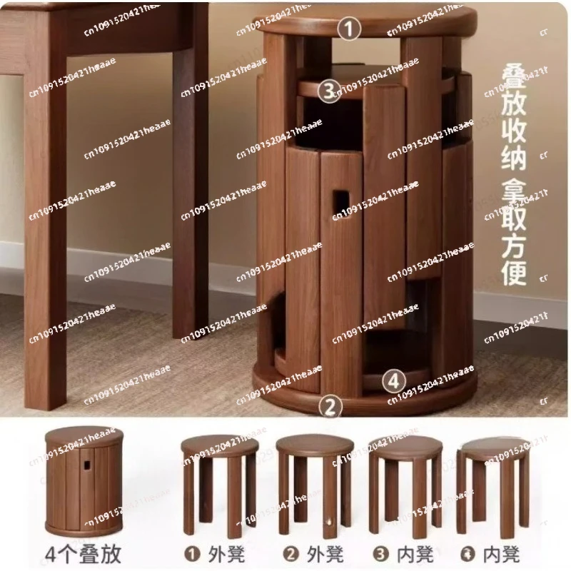 Suitable for 4-in-1 rubber wood stackable solid wood stool  household round stool living room storage  music