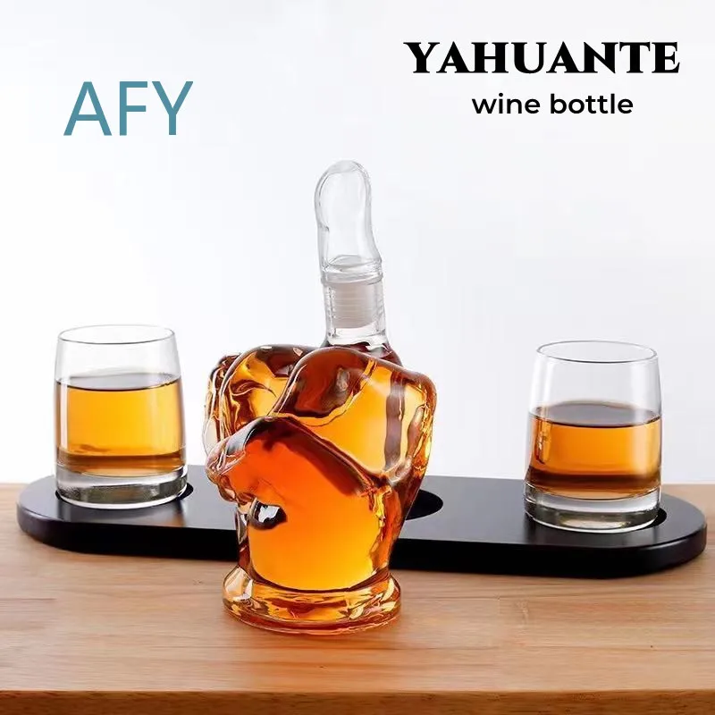 Middle Finger Decanter Set for Whiskey Glass Bottle Transparent Two Cups with Wooden Base for Bar Home Decor Gift