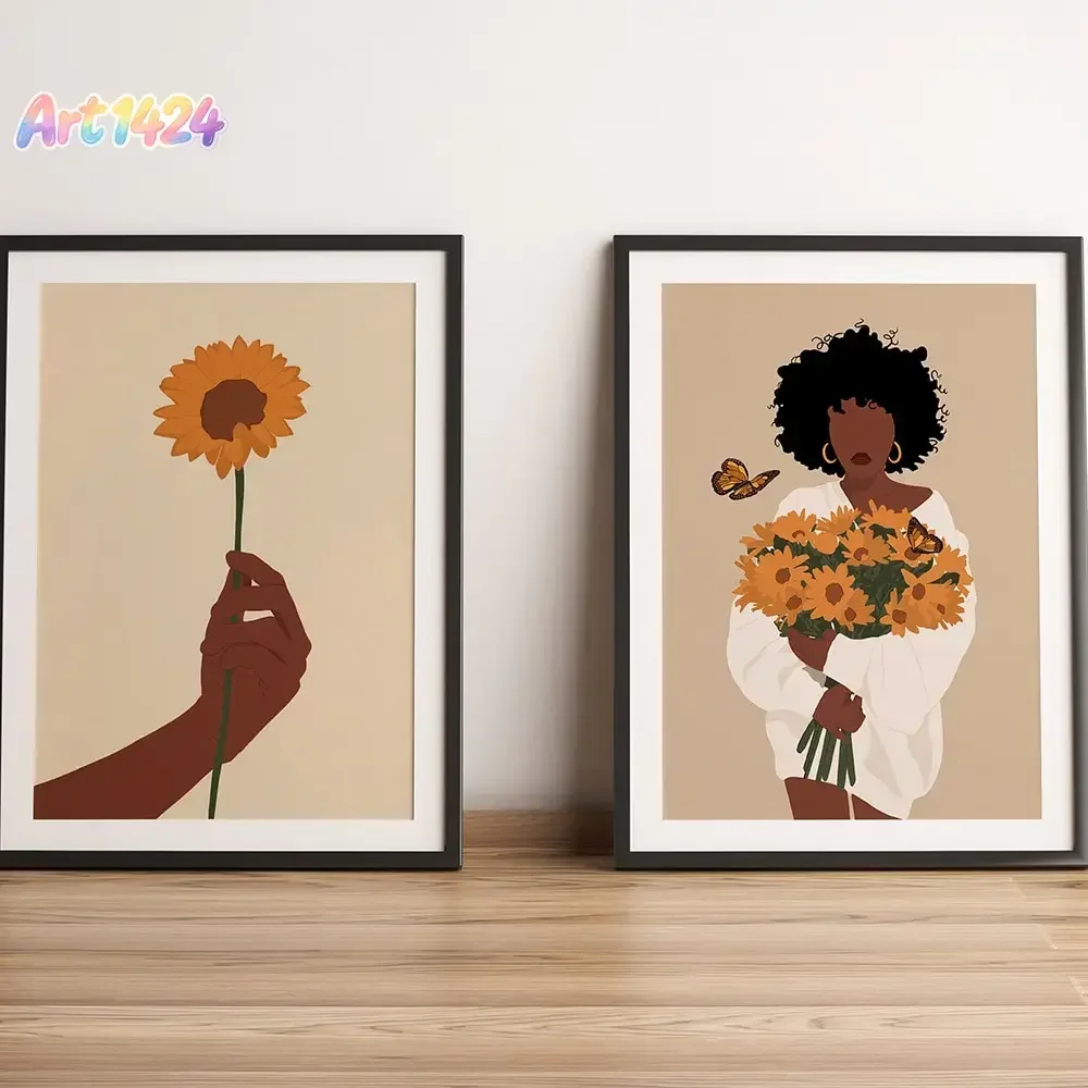 Abstract Boho Black Woman Flower Lover Nordic Wall Art Canvas Painting  Girl Wall Pictures for Living Room Decor Poster and P