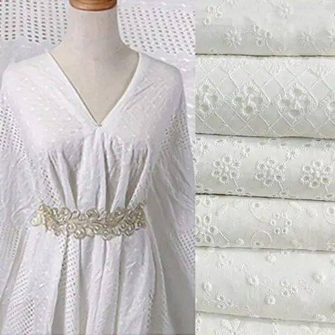 White Flower Embroidered Cotton Fabric Vintage Hollow Designed for Making Skirt Sari Costume Gown Quilting Doll Clothes By Yard