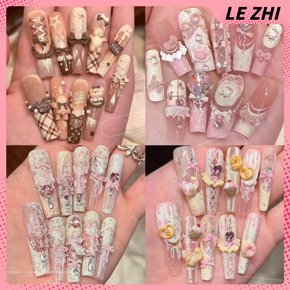 

Sweet Kawaii Hello Kitty Cat Bear Handmade Long Coffin Ellipse Fake Nails Bowknot Pearl Diamond Skirt Edge French Press On Nails
