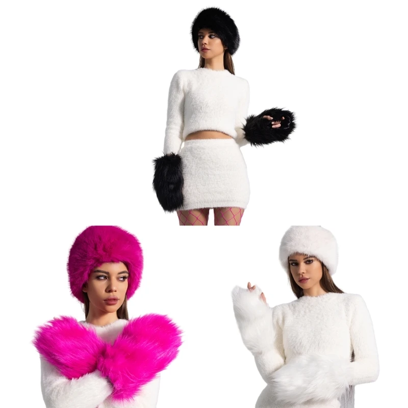 Y166 Stylish Brimless Hat Soft and Delicate Furry Hat Y2K Wrist Sleeves for Winter