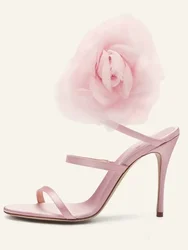 2024Summer New Satin Flower Slim High Heel Sandals Fashionable Ribbon Wedding Bridesmaid High Heel Large Women's Sandals