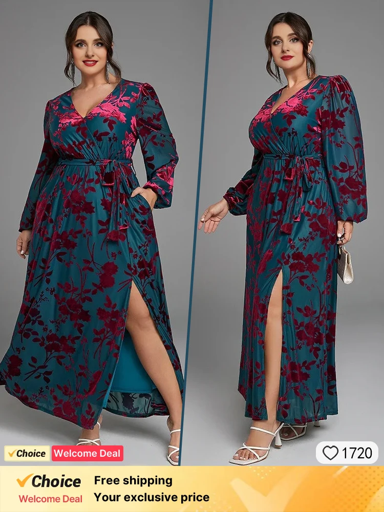 

2025 New Women's Dress Green Velvet Ball Dress Fashion Printed Women's Long Dress Sexy V-neck Wrapped with Long Sleeve Dress