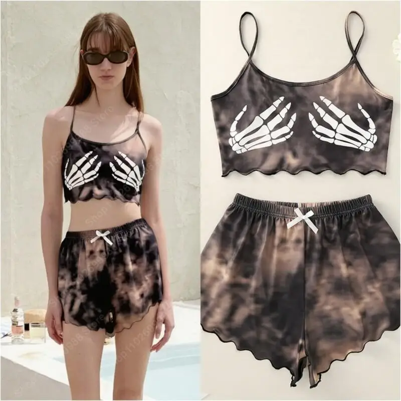 Halloween Wanita Seksi Dua Potong Set Atasan Selempang Perut Cetak Kerangka dan Celana Pendek Pakaian Tidur Pakaian Santai Pakaian Piyama Kasual