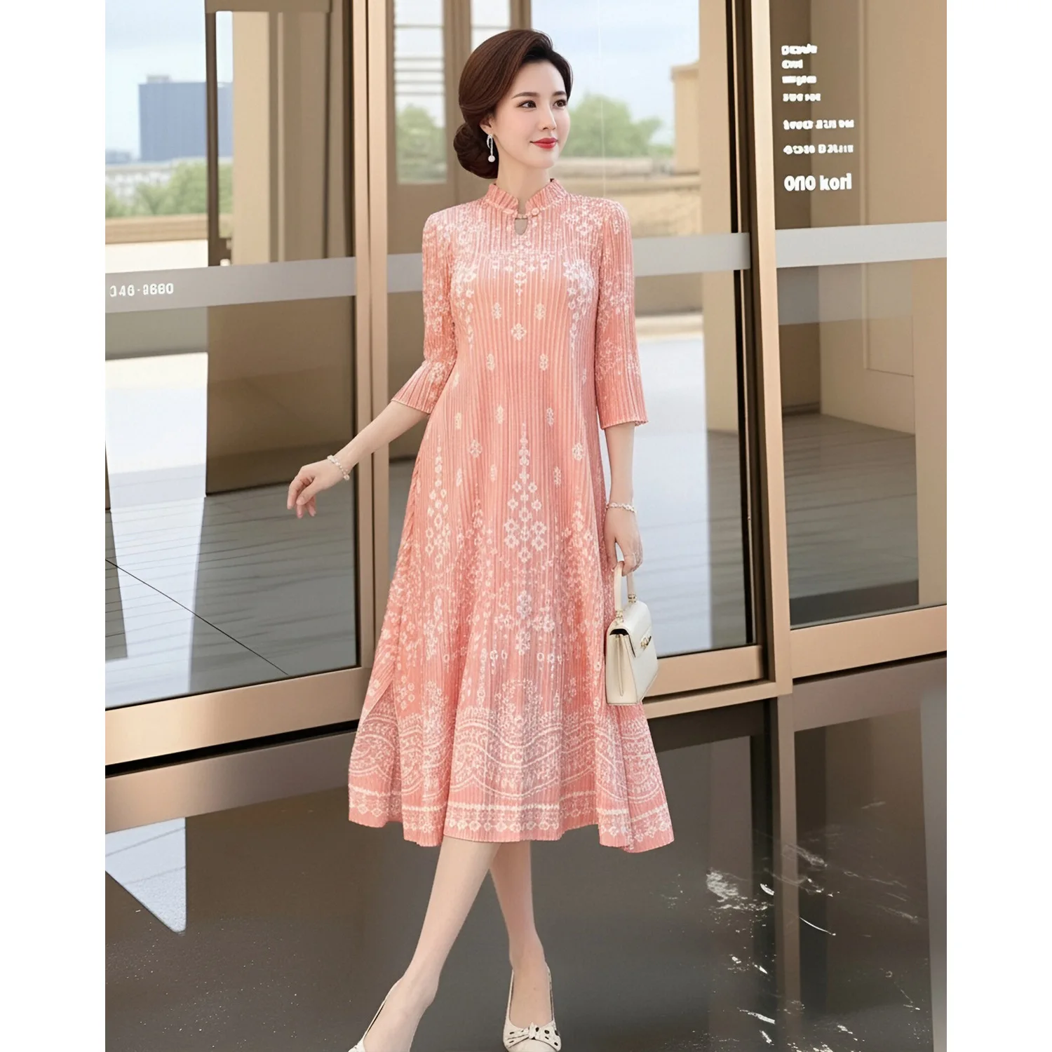 

Miyake Pink Pleated Women's Dress Fashionable Elegant Temperament Standing Collar Cheongsam Skirt 2026 Spring New 2DB7068