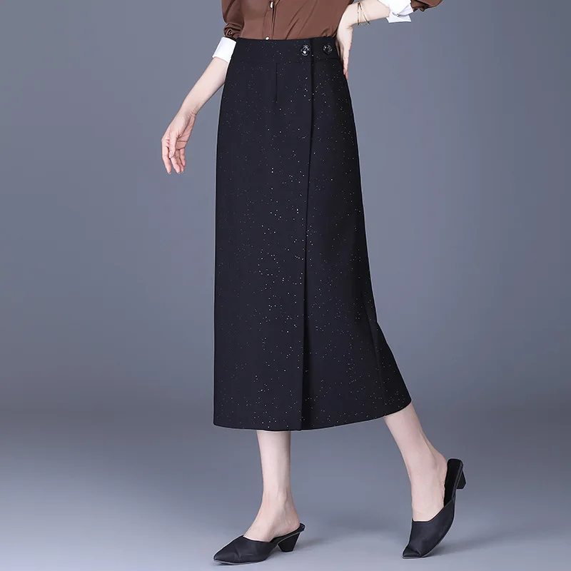 กระโปรงทรงตรงยาวปานกลาง แฟชั่น ทันสมัย เงางาม ทรงเอวสูง ผ่าข้าง สไตล์ใหม่ สวยสง่า