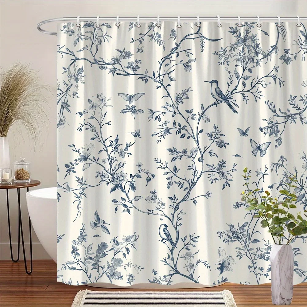 1 Vintage Botanical Shower Curtain with Detailed Blue Branches and Birds Design - Polyester with Hooks, Machine Washable
