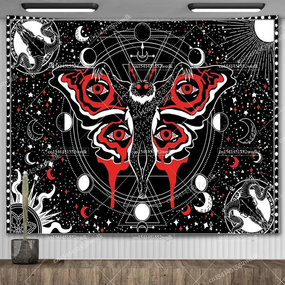 Gobelin Mothman czaszka gotycki wystrój pokoju estetyczny czarny czerwony Mandala tasies słońce i księżyc do plakaty artystyczne ścian salonu