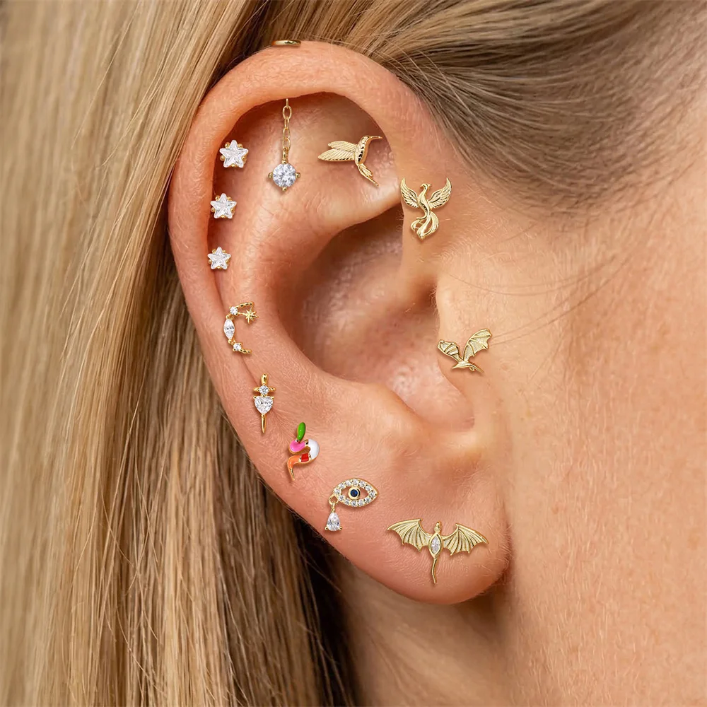 AIDE 925 Sterling Silver INS Flying/Dragon Hummingbird Dainty Luxury For Women Animal Series Flat Head Puncture Ear Bone Nail