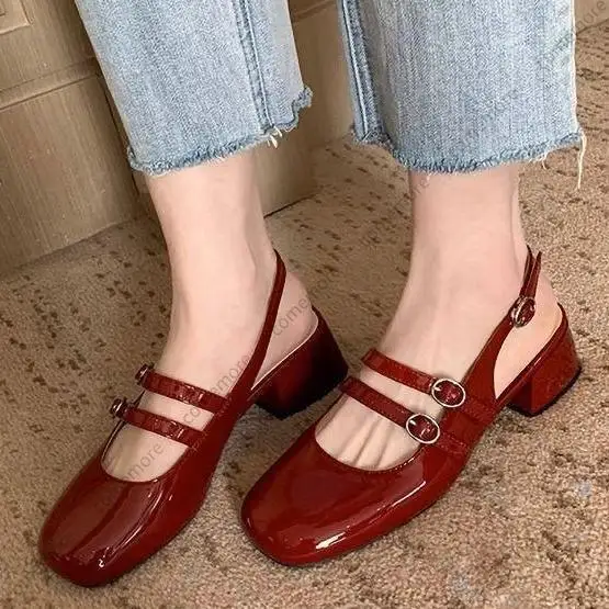 Women's French Vintage Double-Buckle Strap Backless Sandals Women Summer Platform Mary Jane Shoes Soft Leather Flat Heels