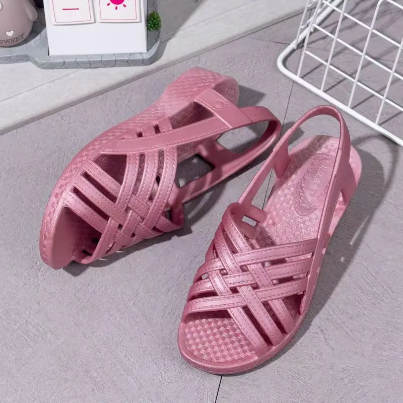 

2024 New Women's Summer One Word Hollow Out Wedges Sandal Soft Sole Non Slip Slip-On Mom's Outdoor Beach Sandals