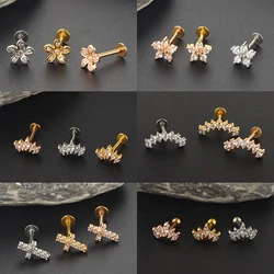 1PC Stainless Steel Crystal Gem Labret Lip Bar Ring Cubic Zircon Flower Ear Cartilage Tragus Helix Piercing Screw Fit Top 16g