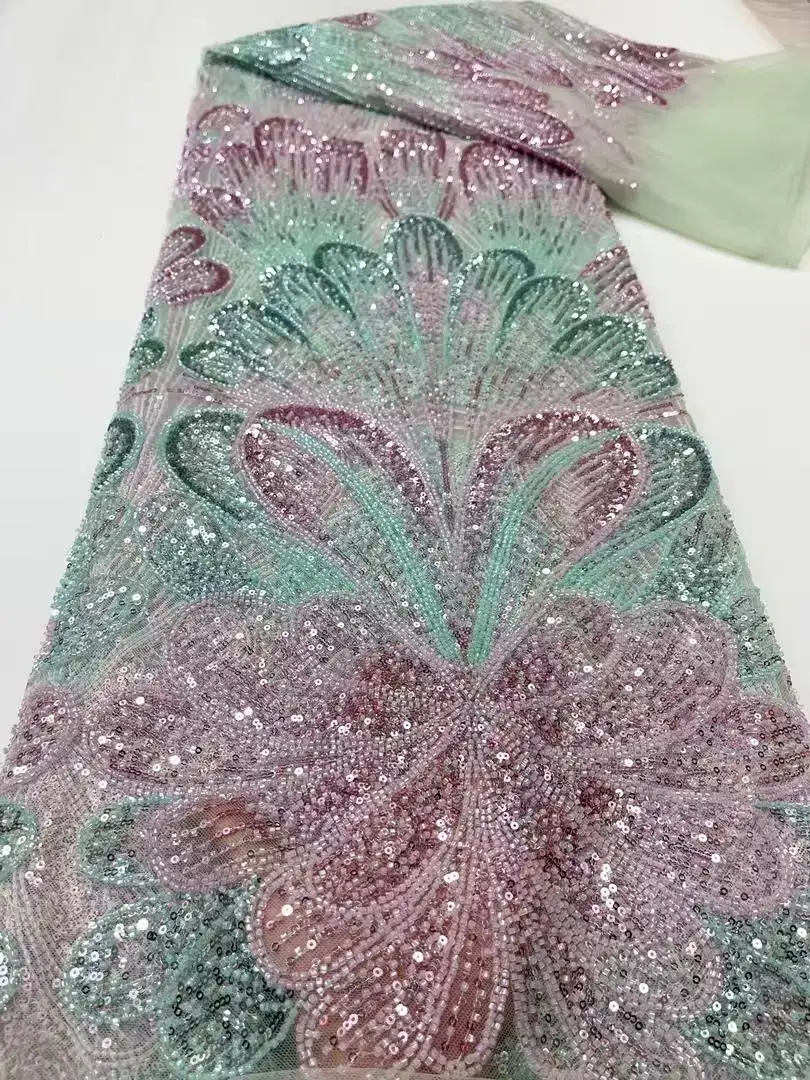 

5 Yards Africa Nigerian Artistic Pattern Handmade Embroidery Sequins French Beads Tulle Lace for Party Dress Lace Trim
