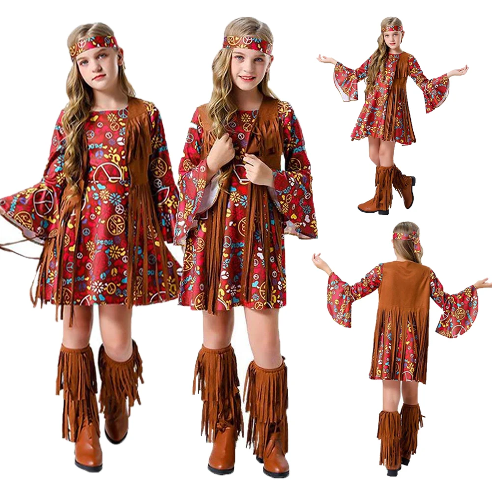 Cos Hippie Cosplay Kostuum Outfits Fantasie Jurken Hoofddeksels Halloween Carnaval Pak Accessoires Voor Kinderen Meisjes Rollenspel