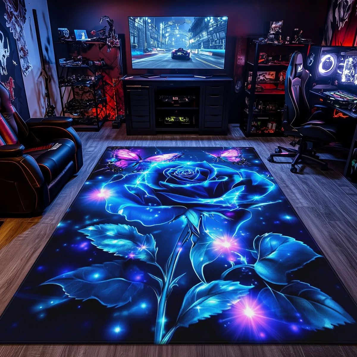 

Светящиеся синие розы, неоновые огни, хрустальный бархатный ковер, декор для геймерской комнаты, светодиодный эффект, игровой ковер, современный напольный коврик для гостиной, ночник