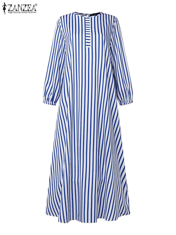 ZANZEA Muslim Fashion Striped Maxi Dress Women Casual Loose O Neck Long Sleeve Abaya Robe Islamic Hijab Streetwear Long Vestidos