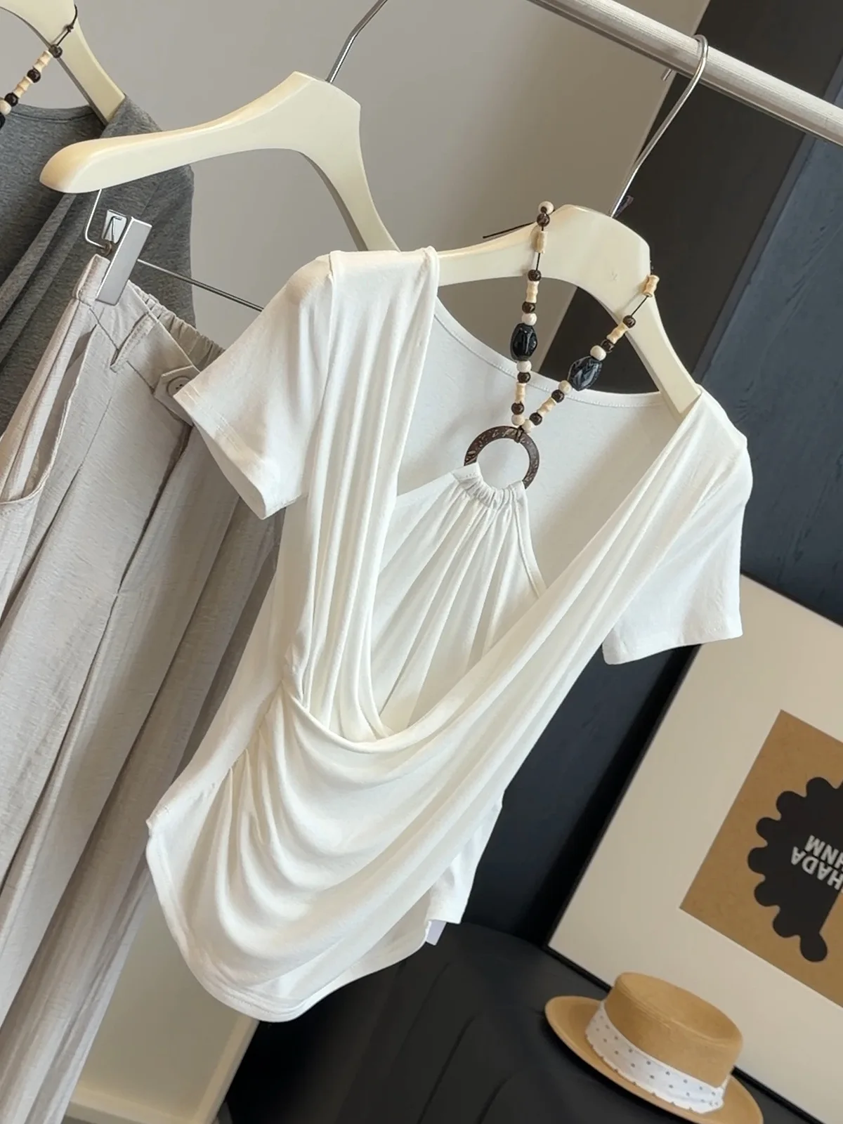Women's Black/gray Halter Beaded Short Sleeve Top Irregularity Ruched Wrap Front Slim Fit T-shirt Casual Y2k Summer Streetwear