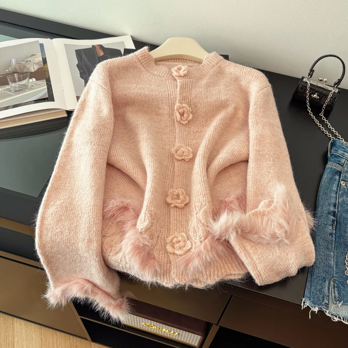 

Женский розовый кардиган 2000-х годов, винтажный джемпер в корейском стиле, вязаный джемпер с длинными рукавами, меховой лоскутный кашемировый свитер для женщин, осень-зима
