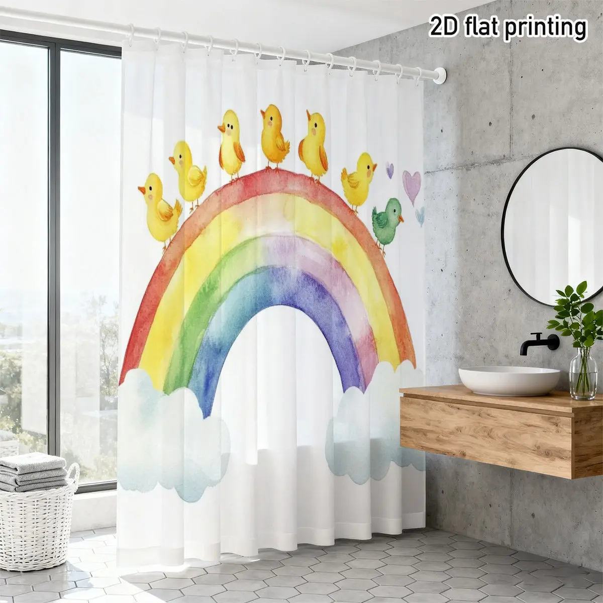 Curtain Polyester Fabric Rainbow Duck Cloud Watercolor Children's Bathroom Decorative Shower Curtain 2D Flat Print