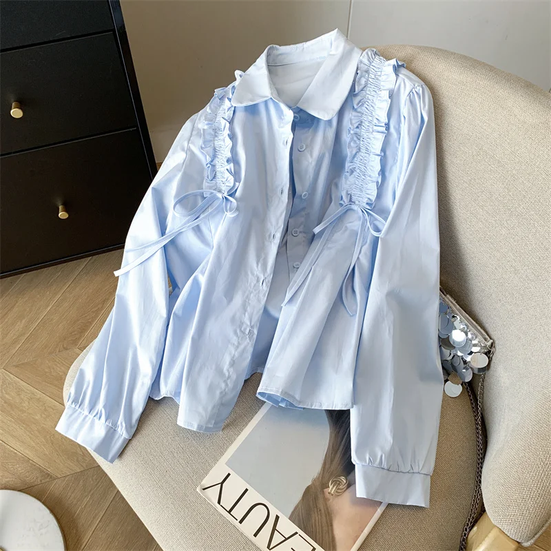 المرأة الأزرق تقسم مقوس دانتيل قميص 2000s الجمالية الحلو Y2k Harajuku الكورية بسيطة وعصرية نمط فضفاض قميص