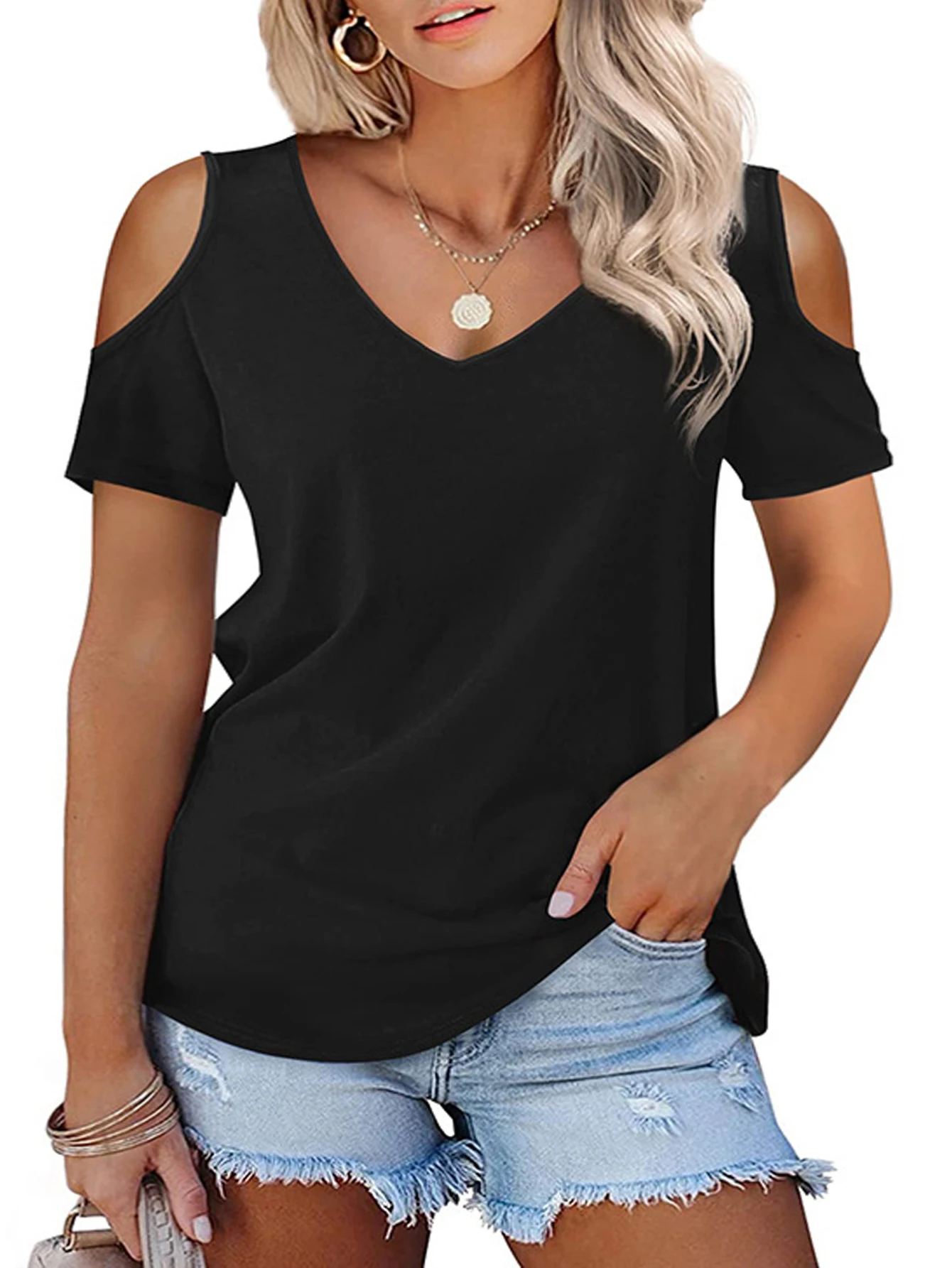 Plus Size 2024 letnie nowe damskie z krótkim rękawem Sexy z odkrytymi ramionami Vneck Basic jednolity kolor Tshirt Top