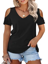 Plus Size 2024 letnie nowe damskie z krótkim rękawem Sexy z odkrytymi ramionami Vneck Basic jednolity kolor Tshirt Top