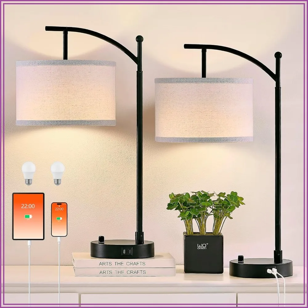23.5" Table Lamps Set of 2 with USB C+A, Dimmable, Linen Shades, Black
