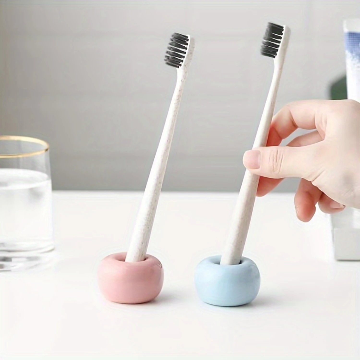 Ceramic Toothbrush Holder - Creative Colorful Stylish Personalized Floor Mount Stand, No Drilling Required, Simple Japanese  Bas