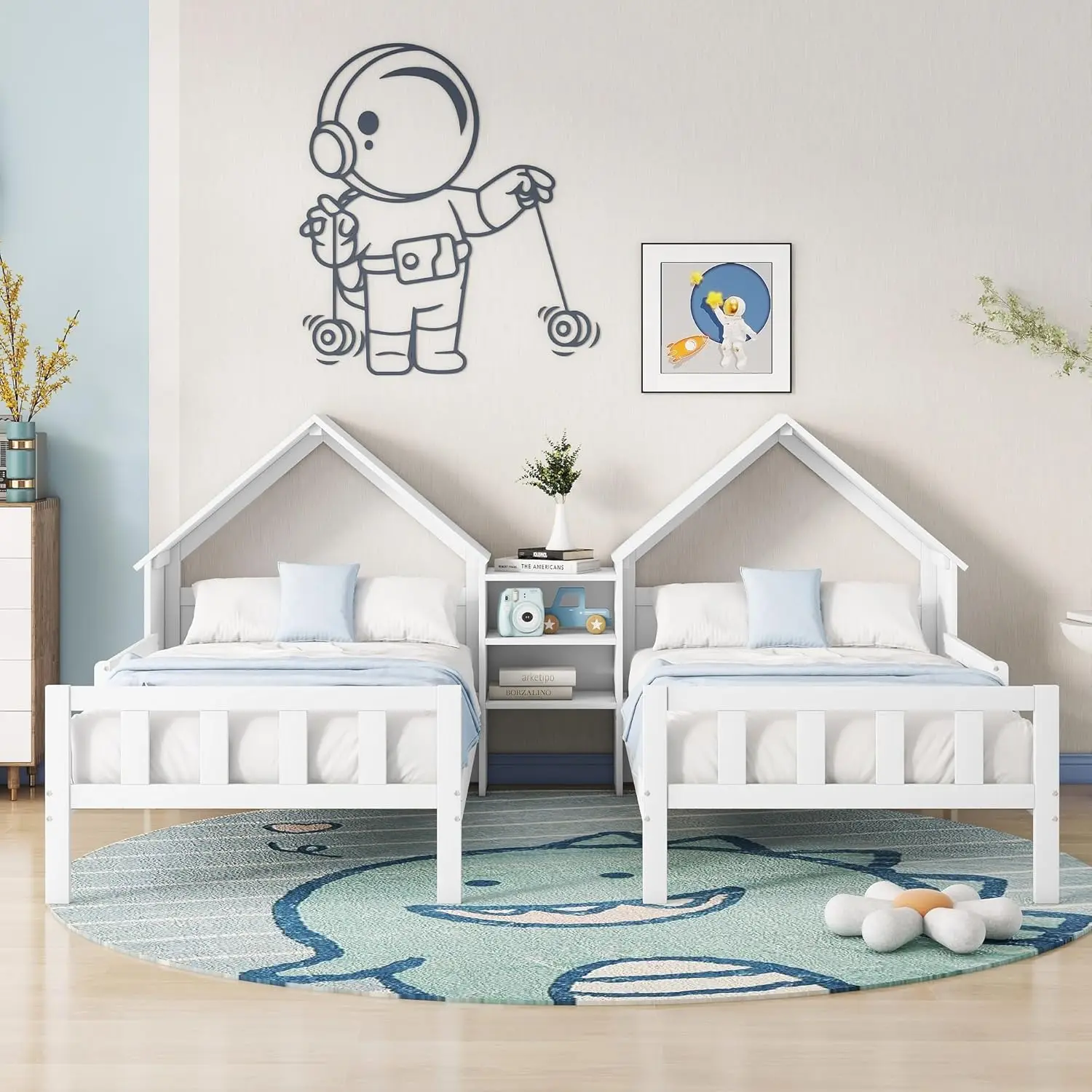 Harper & Bright Designs Double Twin Bed Frames For Kids,Wood Double Twin House Bed With House-Shaped Headboard And A Built-In