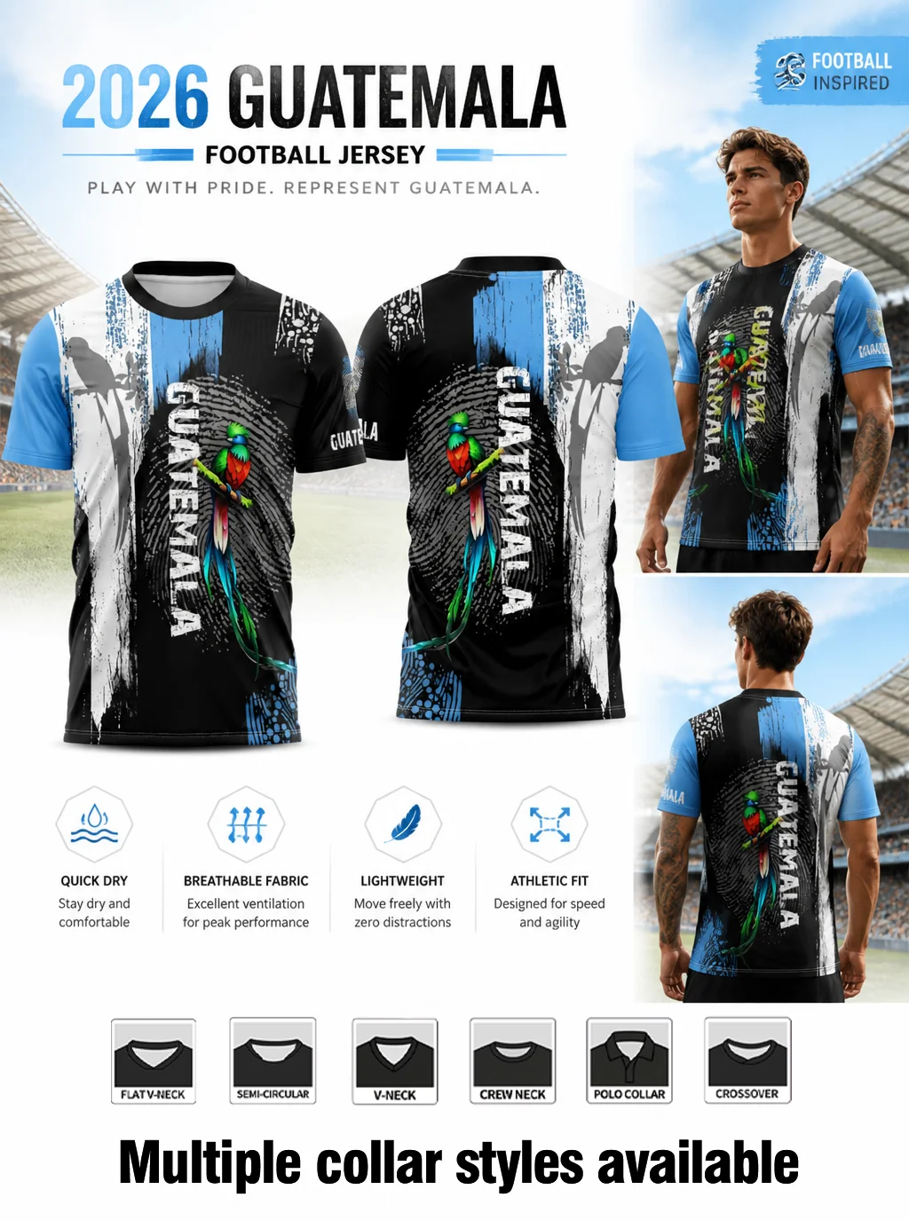 Guatemala themed football jersey,black‑white‑blue spliced design,vintage brush print,moisture‑wicking fabric,athletic fit